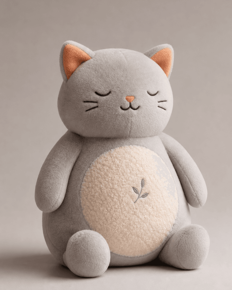 포그 그레이 몸과 아이보리 부클 배를 가진 눈 감은 고양이 인형